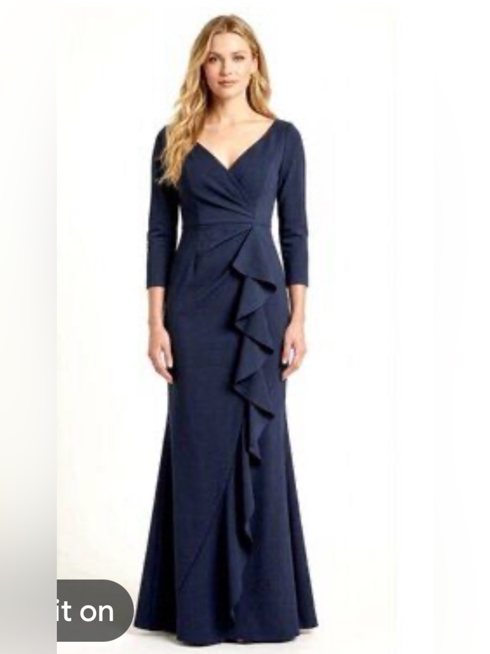 Vince Camuto Navy Blue Gown Dress, Off Shoulder, 3/4 Sleeves, Ruffles. Size 4P.